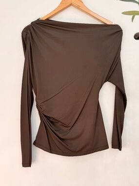 Zara Ruched Off Shoulder Top Size M Brown Asymmetrical Draped Top